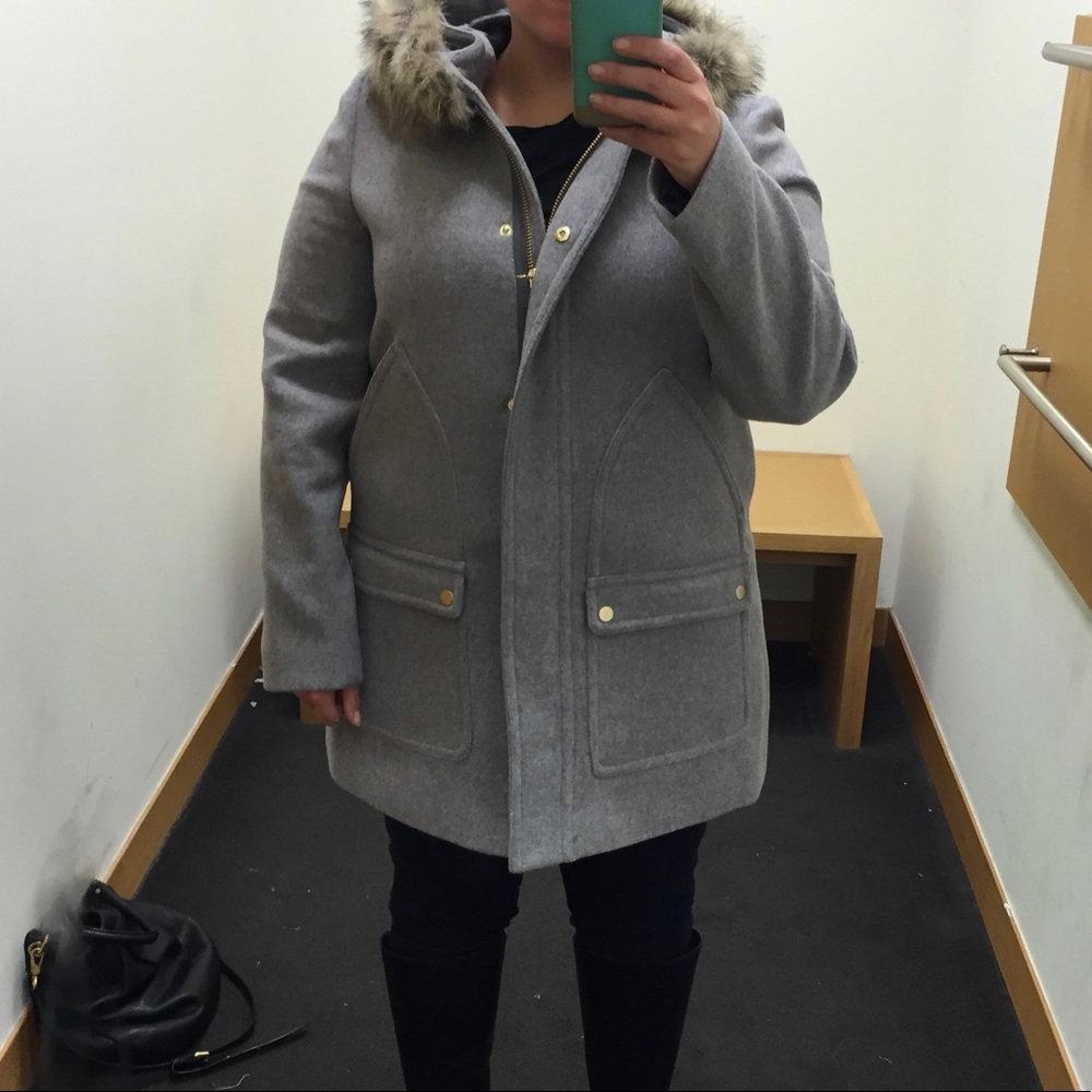 J Crew Factory Wool Coat with fur hood